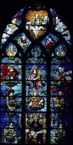 Madonna con Bambino e angeli e ritratti che riflettono il patrocinio di un patrono episcopale locale, c. XIII secolo (vetro colorato)