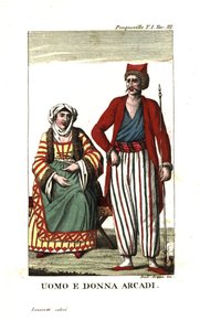 Uomo e donna di Arcadia, il Peloponneso, Grecia. Illustrazione dai Viaggi di Francois Pouqueville attraverso Morea, Albania e altre parti dell