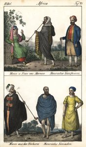 Uomo e donna del Marocco, un mercante moresco, sopra, e una coppia di marocchini, un mercante moresco e sotto, un uomo berbero in un mantello e una coppia di nomadi moreschi. Litografia per il libro: “Galerie complete en tableaux fideles des peuples d