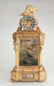 Orologio da mensola, montato in porcellana con automa di uccello canoro, francese da Unbekannt
