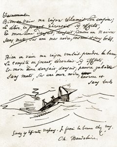 Manoscritto di Charles Baudelaire, illustrato con un disegno di una barca da Unbekannter Künstler