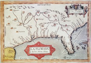 Mappatura della “Florida”. Si possono vedere il Tropico del Cancro, le Bahamas e le Isole Tortugas. In “Teatrum Orbis Terrarum” del cartografo Abraham Ortelius (1527-1598) da Unbekannter Künstler