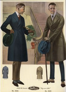 Moda maschile 1920 - Uomini in cappotti doppiopetto con bastoni e cappelli, indossando ghette. Cromolitografia da un catalogo di mode maschili di Bruner Woolens da Unbekannter Künstler