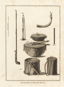 Strumenti musicali militari: tromba, corno, piffero, tamburo a caldaia, tamburo laterale