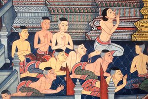 Monaci. Dettaglio murale sulle pareti interne del Vihara dell