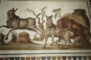 Mosaico di animali in lotta: tigre che assalta due primati notturni. II sec. d.C./Museo di El Jem (Antica Thysdrus)/Tunisia