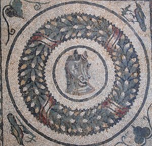 Mosaico del peristilio. Dettaglio che rappresenta la testa di un cavallo. III - IV secolo. Villa Romana del Casale, Sicilia. Sito UNESCO.