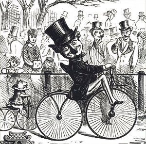Mr Punch e il cane Toby che cavalcano biciclette da Unbekannt