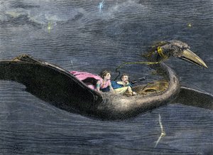 Miti e leggende: Il Rokh o Roc (uccello gigante della mitologia arabo-persiana. Si trova in passaggi delle Mille e una notte). Incisione colorata del XIX secolo