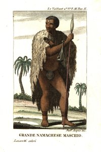 Nobile uomo Namaqua del Sud Africa. Indossa un mantello di pelliccia e un perizoma, e tiene una lancia. Da Francois Le Vaillant (Levaillant da Unbekannter Künstler
