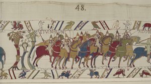 Soldati normanni che lasciano Hastings per combattere contro Harold, Arazzo di Bayeux (ricamo in lana su lino) da Unbekannt