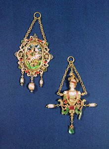 Pendente ovale che mostra San Giorgio che uccide il drago, Nord Europa, c.1600; Pendente a forma di busto di Minerva, Sud Germania, c.1570 da Unbekannt