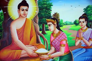 Dipinto raffigurante Buddha che riceve offerte. Cambogia