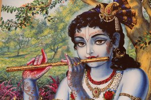 Dipinto raffigurante il dio indù Krishna che suona un flauto all