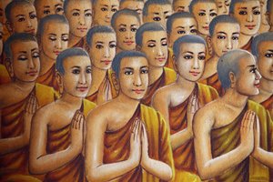 Dipinto raffigurante monaci (ascoltando Buddha) Udong Cambogia da Unbekannt