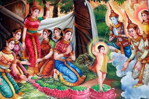Dipinto che raffigura la storia della vita di Shakyamuni Buddha. Nascita di Buddha nel boschetto di Lumbini. Kep, Cambogia.