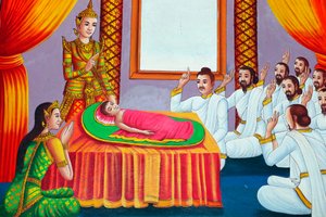 Dipinto che raffigura la storia della vita di Shakyamuni Buddha. Buddha da bambino. Kep, Cambogia. da Unbekannt