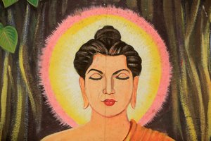 Dipinto che raffigura la storia della vita di Shakyamuni Buddha. Wat Naxai. Vientiane. Laos, 20151106, Vientiane, Laos