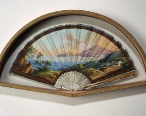 Modello di ventaglio di carta con un dipinto a gouache che rappresenta le destinazioni del Grand Tour, solitamente un viaggio pratico per artisti e intellettuali del XVIII e XIX secolo nei paesi del Mediterraneo durante la loro giovinezza per la loro educa da Unbekannt