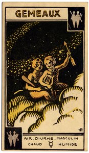 Paranormale. Astrologia. Gemelli (i Gemelli). Carta astrologica da: Le Tarot Astrologique, di Georges Muchery, Francia da Unbekannter Künstler