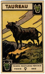 Paranormale. Astrologia. Toro (il Toro). Carta astrologica da: Le Tarot Astrologique, di Georges Muchery, Francia da Unbekannter Künstler