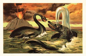 Plesiosaurus e Ichthyosaurus in lotta davanti a un