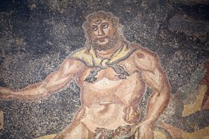 Sala di Polifemo. Dettaglio del ciclope che divora le interiora di una capra. III - IV secolo. Villa Romana del Casale, Sicilia. Sito UNESCO da Unbekannt