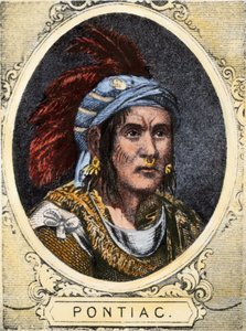Ritratto di Pontiac (o Obwandiyag, ca. 1714-1769), capo della tribù indiana degli Outaouais di Detroit (Nazione Ottawa). Incisione colorata del XIX secolo da Unbekannter Künstler