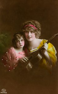 Cartolina raffigurante due donne con una chitarra, "Album para Tarjetas postales" da Unbekannter Künstler