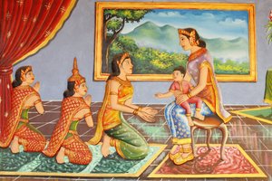 Monastero Preah Prom Rath, vita del Buddha, la madre del Buddha lo presenta al suo tutore, Siem Reap, Cambogia