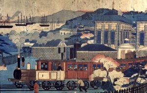 Ferrovia in un porto giapponese, fine XIX secolo (incisione) da Unbekannter Künstler