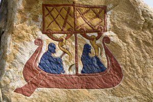 Registrazione e rappresentazione di un drakkar (nave vichinga) Runa vichinga. Museo vichingo, Bork sul Ringkoebing Fjord, Danimarca da Unbekannter Künstler