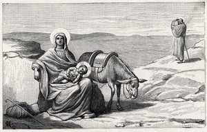 Riposo durante la fuga in Egitto. Alfabeto del bambino Gesù. Edizione del 1932. Xilografie firmate H G. Collezione privata da Unbekannt