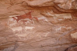 Arte rupestre, Preistoria: Dipinto di un gruppo di bovini in un rifugio ornato, nel massiccio di Uweinat, Sudan da Unbekannt