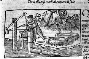 Produzione di sale: cottura. Incisione di Olaus Magnus (1490-1557), religioso e geografo svedese, "Historia de Gentis Septentrionalibus", Venezia