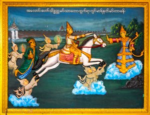 Scena della vita di Buddha, Pagoda Shwedagon, Yangon, Myanmar, Asia