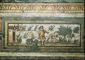Scena di un capraio con le sue capre, dettaglio del bordo di un pavimento a mosaico che raffigura le stagioni e scene di caccia, dalla Villa Costantiniana a Daphne, romana, c.325-330 d.C. da Unbekannt