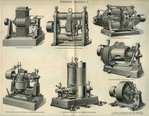 Tavola di scienza e tecnologia che rappresenta macchine elettriche tedesche. Illustrazione tratta da "Meyers Grosses Konversations - Lexikon" 1904. Bibliographers Institut, Leipzig und Wien da Unbekannt