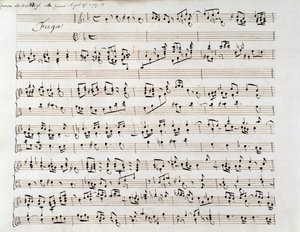 Pagina di spartito musicale per la Fuga di Handel da un manoscritto contenente due opere, di Domenico Scarlatti e di Friedrich Handel da Unbekannter Künstler