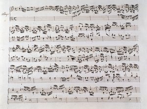 Pagina di spartito musicale per la Fuga di Handel da un manoscritto contenente due opere di Domenico Scarlatti e Friedrich Handel da Unbekannter Künstler