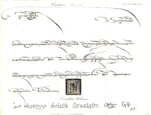 Esemplari dei caratteri Uminn e Uchen nella lingua del Tibet. Illustrazione del tenente Samuel Davis Da Relazione di un