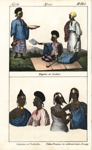 Donne sudanesi in abito a righe. Sotto, demme di Timbuktu (Mali) e donne Tibbo del Sahara. Litografia per il libro: “Galerie complete en tableaux fideles des peuples d
