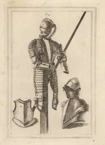 Armatura da giostra con grande guardia e appoggio per lancia dalla Torre di Londra 1, elmo e grande guardia 2, pettorale di una corazza 3