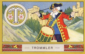 T: Trommler - Alphabet Palmin. Serie di cromolitografie edite da H. Schlinck & Cie, Amburgo, s.d. Pubblicità per Palmin feinstes Cocosfett. Dimensioni: 7 x 11 cm