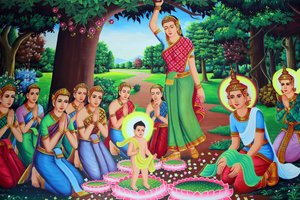 Dipinto del tempio raffigurante Buddha bambino. Cambogia