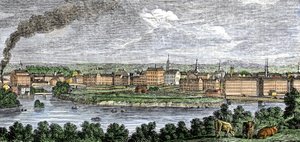Mulini tessili lungo i fiumi Merrimack e Concord, Lowell, Massachusetts, USA negli anni 1830. Incisione colorata del XIX secolo da Unbekannter Künstler