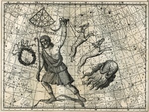 La Volta, la Corona Boreale, i cani da caccia, i capelli di Berenice. Incisione da 