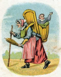 La madre del fidanzato. Vecchia custode scolastica con scolaro che porta una borsa. Incisione in "Alphabet des petits ecoliers". Imagerie d