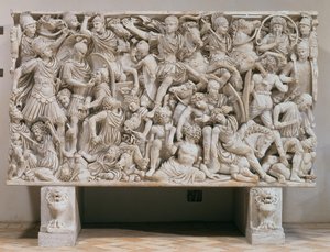 Sarcofago Ludovisi con rappresentazione in rilievo dei Romani che combattono i Barbari, 250-80 d.C. (marmo)