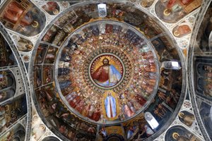 Battistero di Padova. Affreschi del soffitto del XIV secolo di Giusto de Menabuoi. Il Paradiso. Cristo benedicente con angeli, patriarchi, profeti e santi. Padova, Italia. da Unbekannt